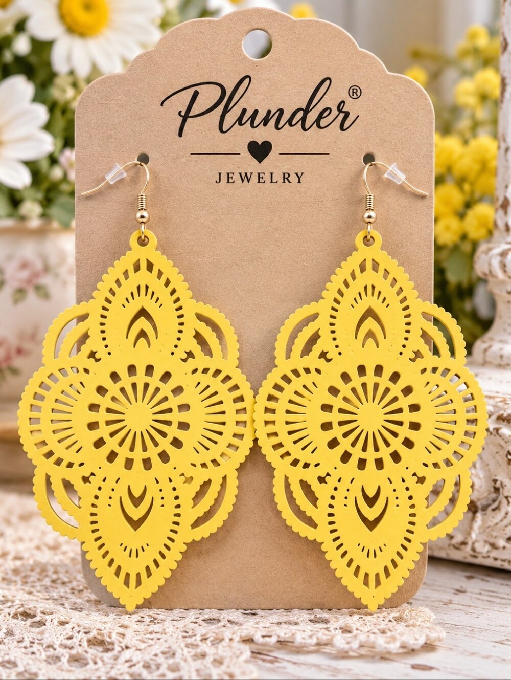 Plunder Yellow Filigree Statement Earrings – 3” Fish Hook